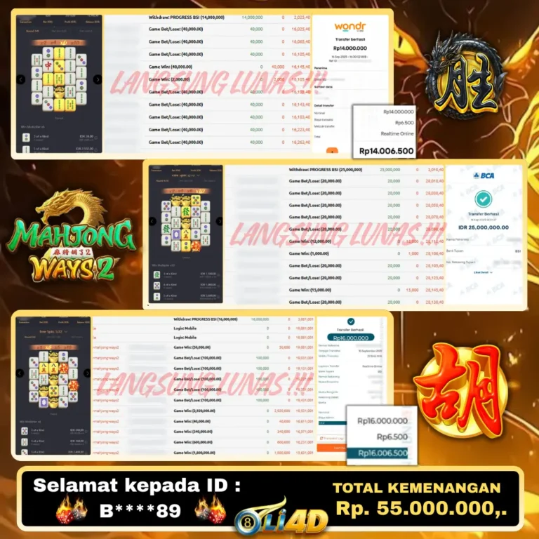 BUKTI JACKPOT KEMENANGAN Rp.55,000,000 DI SITUS OLI4D