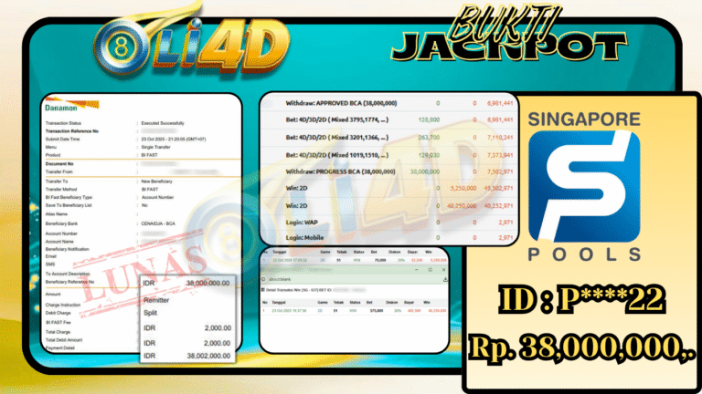 BUKTI JACKPOT KEMENANGAN Rp.38,000,000 DI SITUS OLI4D