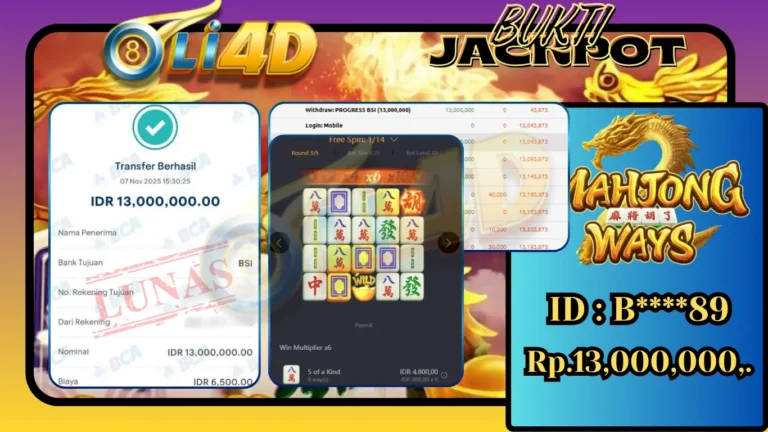 BUKTI JACKPOT KEMENANGAN Rp.13,000,000 DI SITUS OLI4D