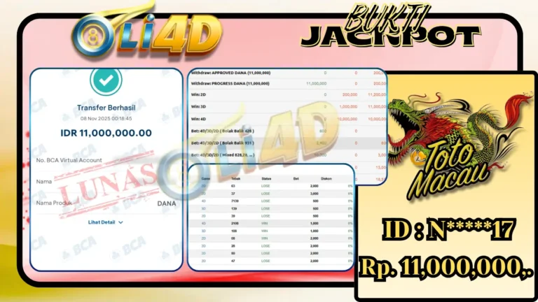 BUKTI JACKPOT KEMENANGAN Rp.11,000,000 DI SITUS OLI4D