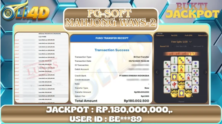 BUKTI JACKPOT KEMENANGAN Rp 180,000,000 DI SITUS OLI4D