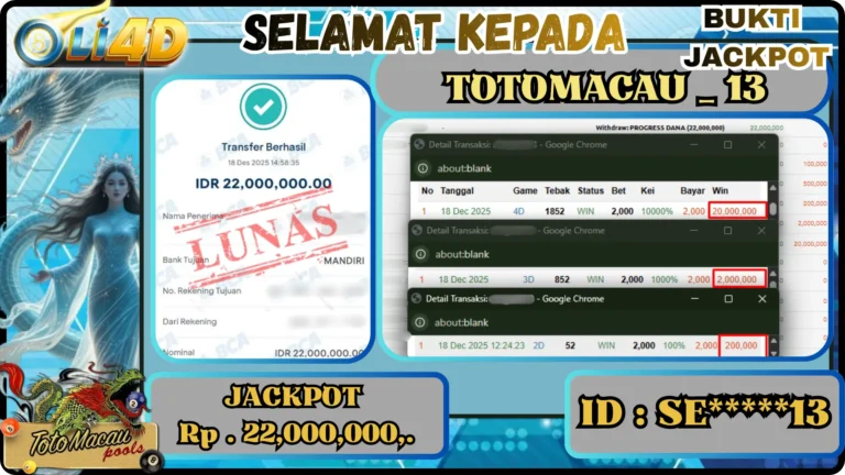 BUKTI JACKPOT KEMENANGAN Rp 22,000,000 DI SITUS OLI4D